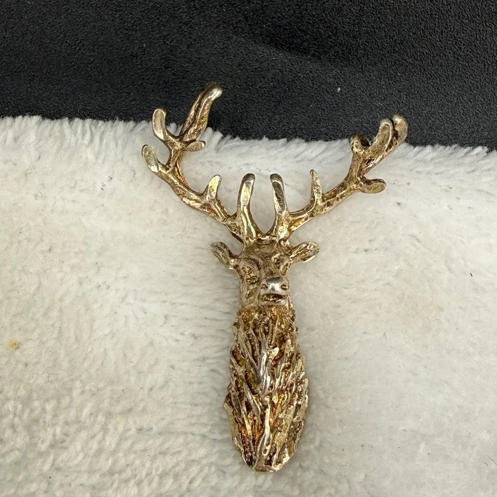 Vintage Pendant Deer Gold Tone Textured Antler Stag 925 READ