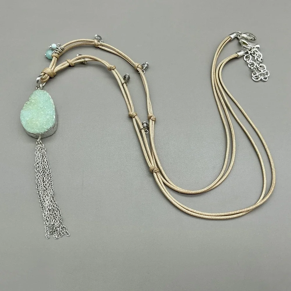 Chico's Necklace Mint Green Faux Druzy Tassel Beige Cord Silver Tone Boho 36
