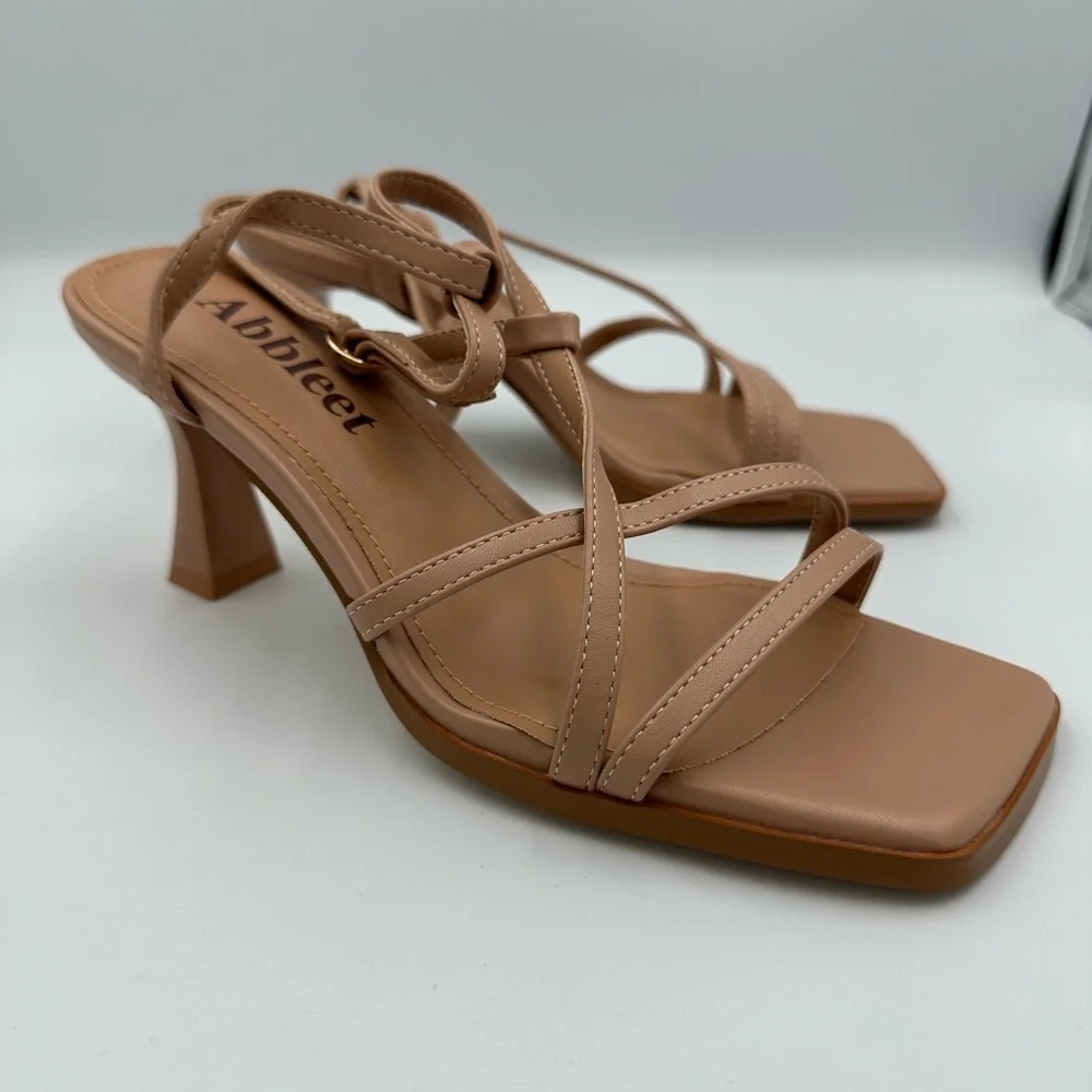 Abbleet Nude Strappy Square Toe Heels – Size 6, Block Heel Sandals, uln
