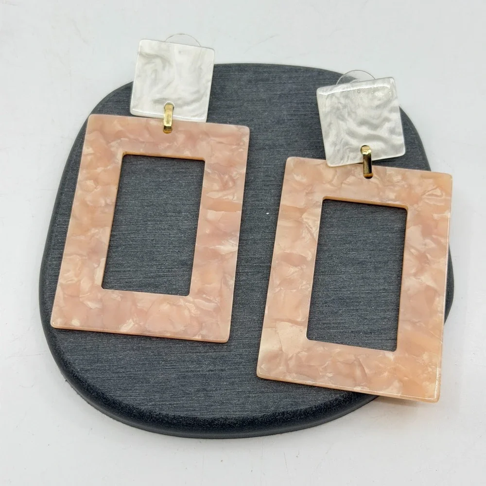 Pink White Marbled Geometric Drop Earrings Oversized Chunky Statement Boho Gift