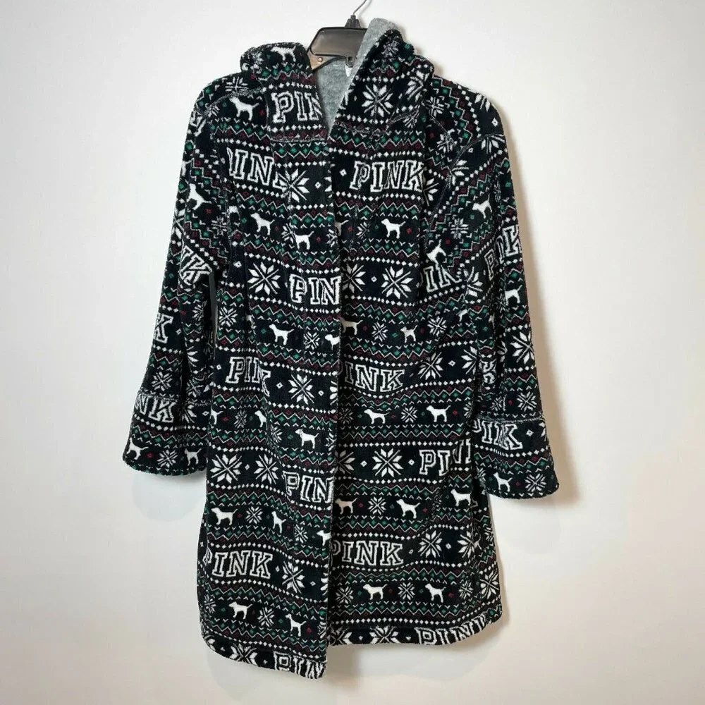 Victoria's Secret PINK Reversible Robe Black XS Hooded Plush Fair Isle‎ Fleece