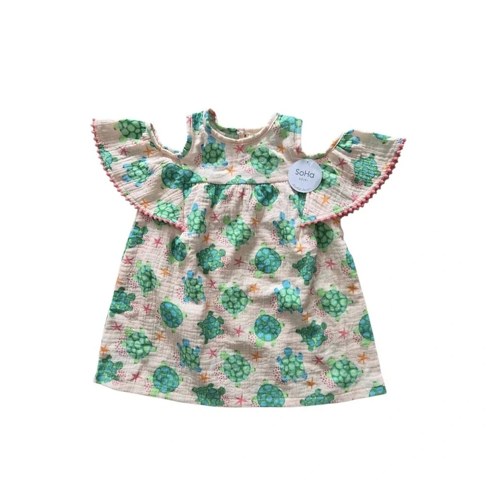 Mudpie Pink Turtle Pompom Dress Size 12-18 months‎ Cotton Gauze Ruffle Cute NEW
