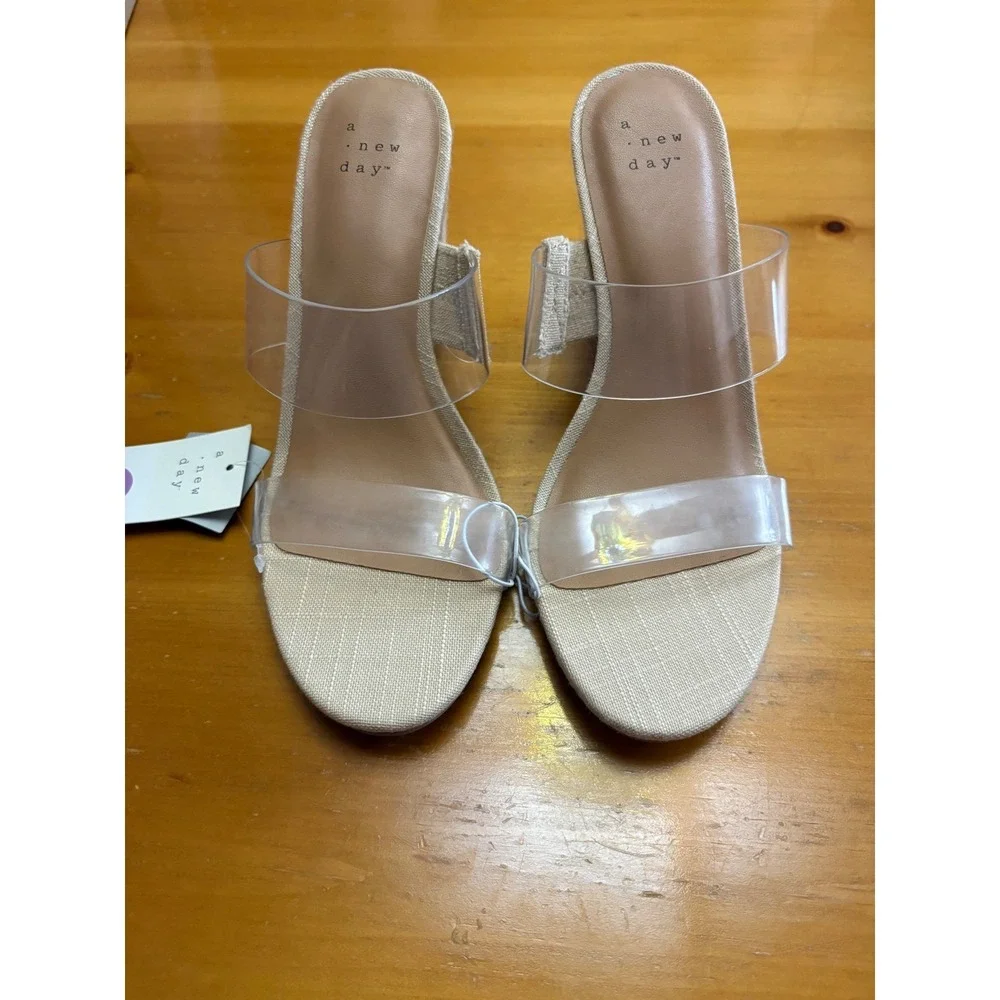 A New Day Hattie Natural Wedge Sandals Clear Double Strap Espadrille Mules 8
