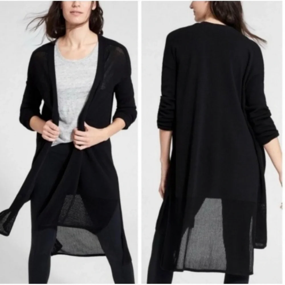 Athleta Kahala Wrap Black Open Front Mesh Cardigan XL 777968 Longline Sweater