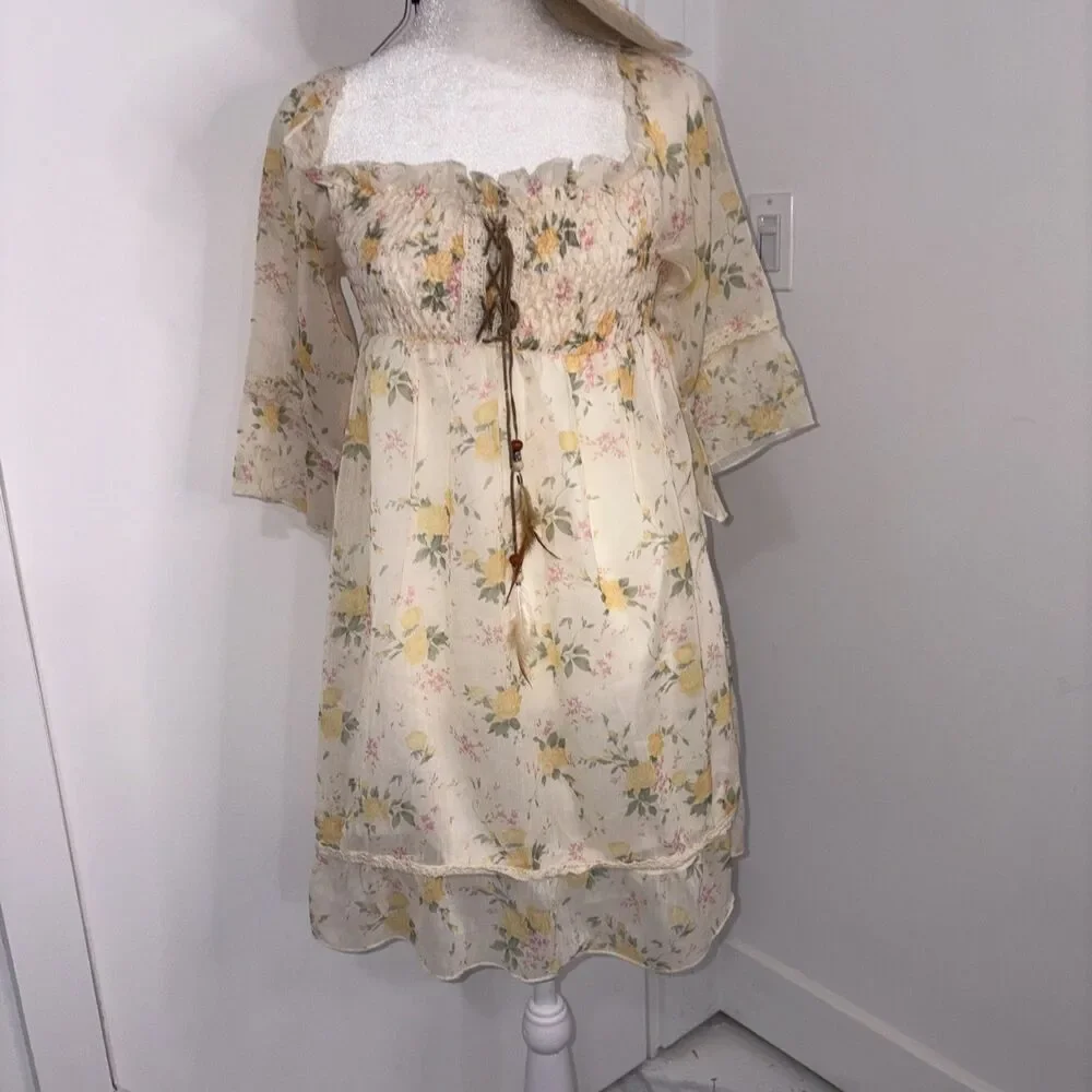 Boho Cowgirl Coquette Cottagecore Mini Dress Feathers  Crochet Empire‎ Waist Y2K