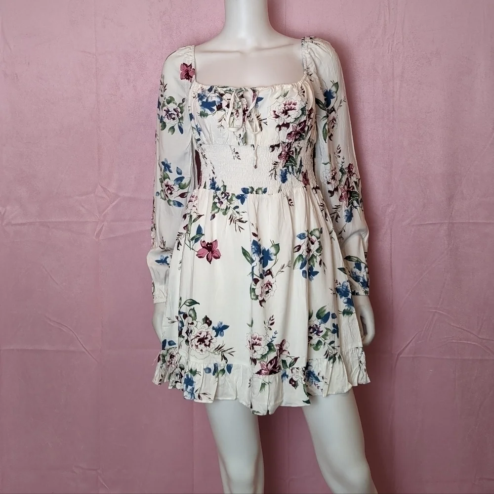 Urban Outfitters White Floral Long Sleeve Smocked Waist Ruffle Hem Mini Dress S