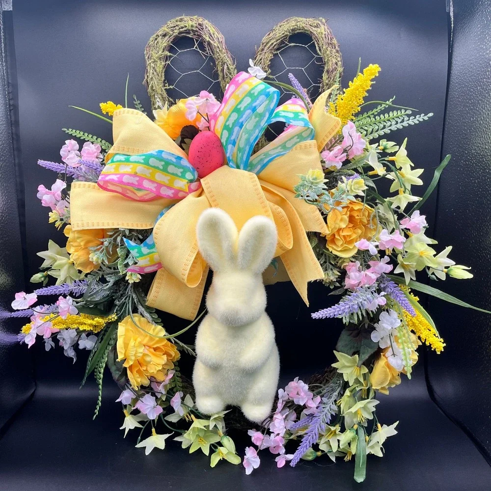 Easter Bunny Grapevine Wreath Yellow Velvet Rabbit Spring Floral Door 21