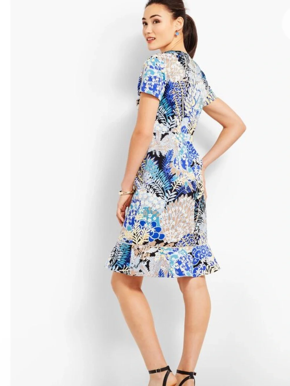 Talbots Botanical Garden Floral Blue & Cream Short-Sleeve Sheath Dress Size 16P