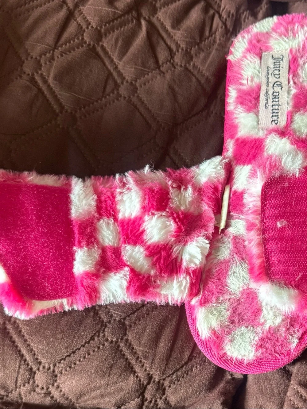 Juicy Couture Pink & White Check Fuzzy Slide Slippers