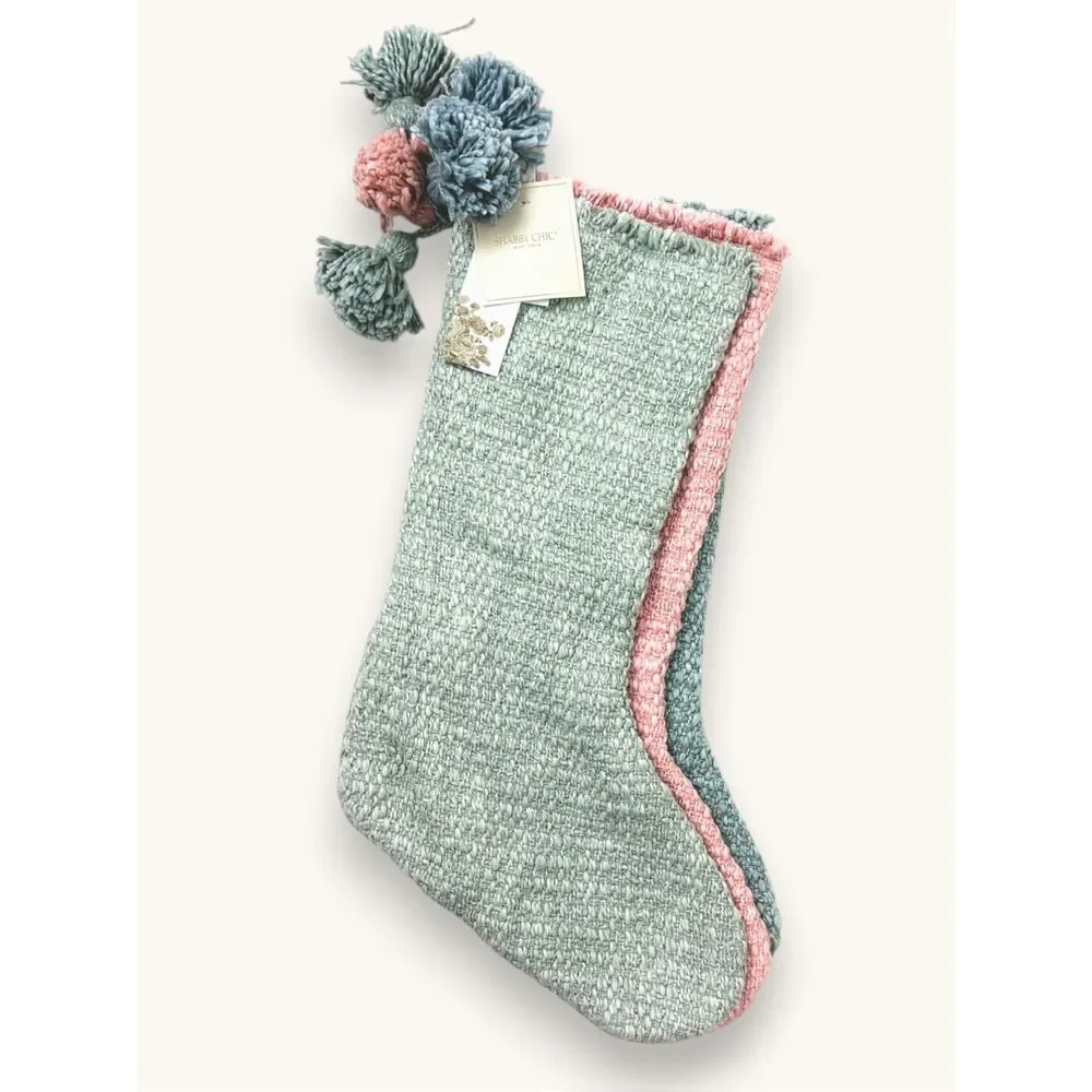 Shabby Chic Set of 3 Knit Christmas Stockings Pink Blue Sage Green NWT