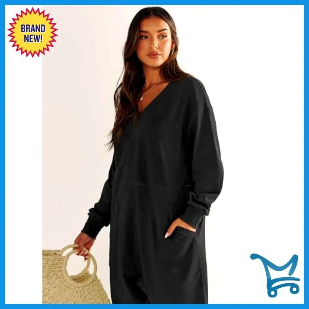 Long Sleeve Loose Fit Jumpsuit V-Neck Lounge Pajamas Casual Romper Rayon