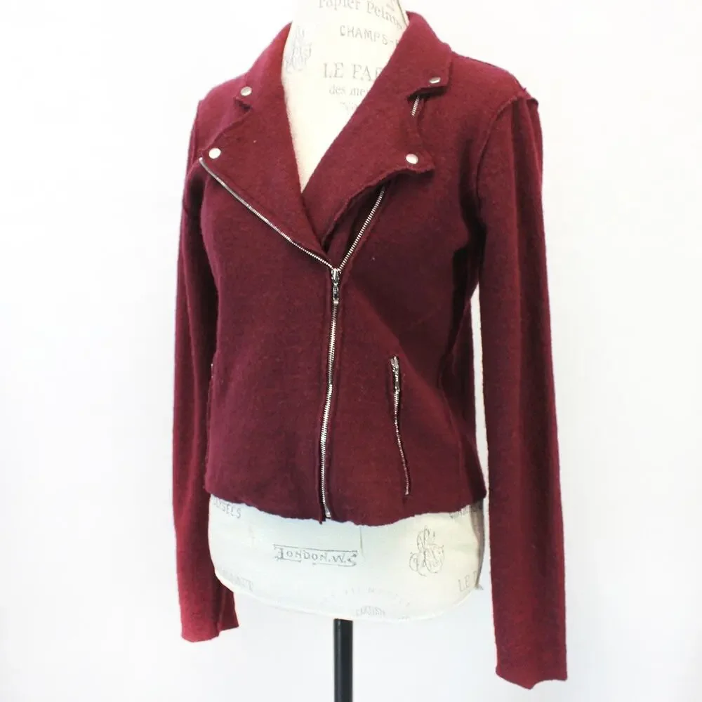 Anthropologie Anthro MOTH 100% Wool Burgundy Motorcycle Jacket Blazer Y2K Small