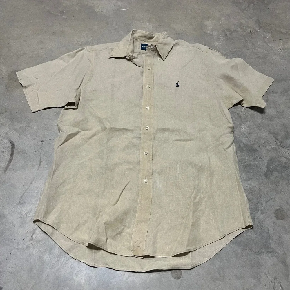 Ralph Lauren Classic Fit Linen Shirt Mens M Tan Beige Short Sleeve Button Up