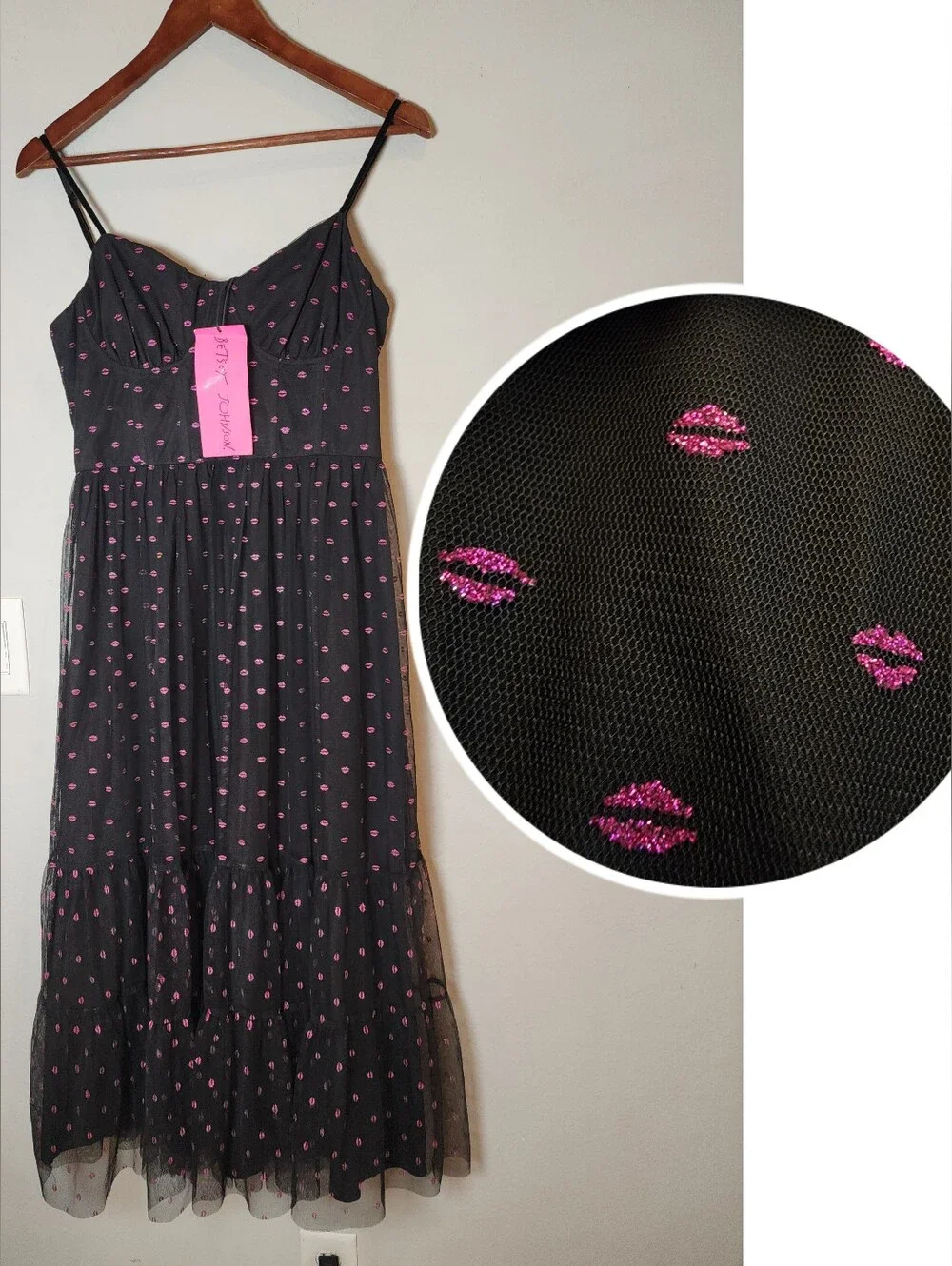NWT Betsey Johnson Pink Glitter Lip Kisses Print Corset Midi Dress Black Mesh 10