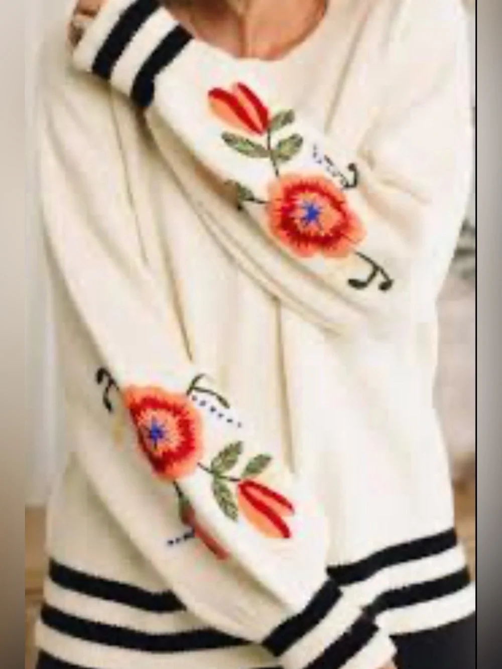 Embroidered  Floral  Oversized Cream Sweater W/ Black Stripes Puffer longsleeves