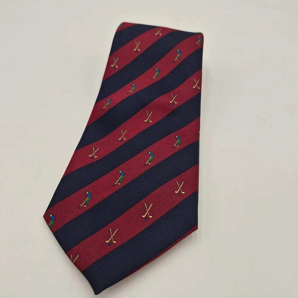 Rene Chagal Mens Silk Tie Navy Blue Burgundy Striped Golf Theme Handmade