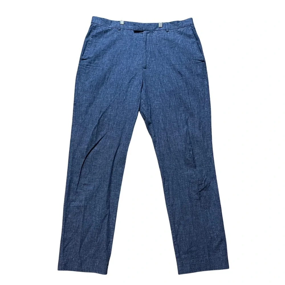 Bonobos Dress Pants Men 36x34 Blue Heathered Linen Blend Flat Front Straight Leg