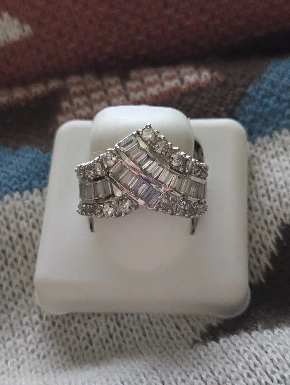 Sterling Silver CZ Round And Baguette Crossover Ring