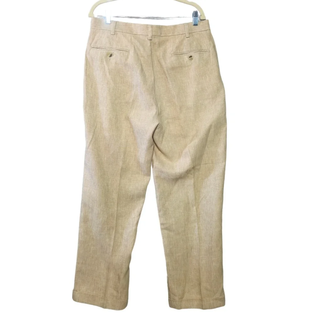 Jos. A. Bank Linen Trousers Men 34x29 Tan Pleated Cuffed Traveler's Collection