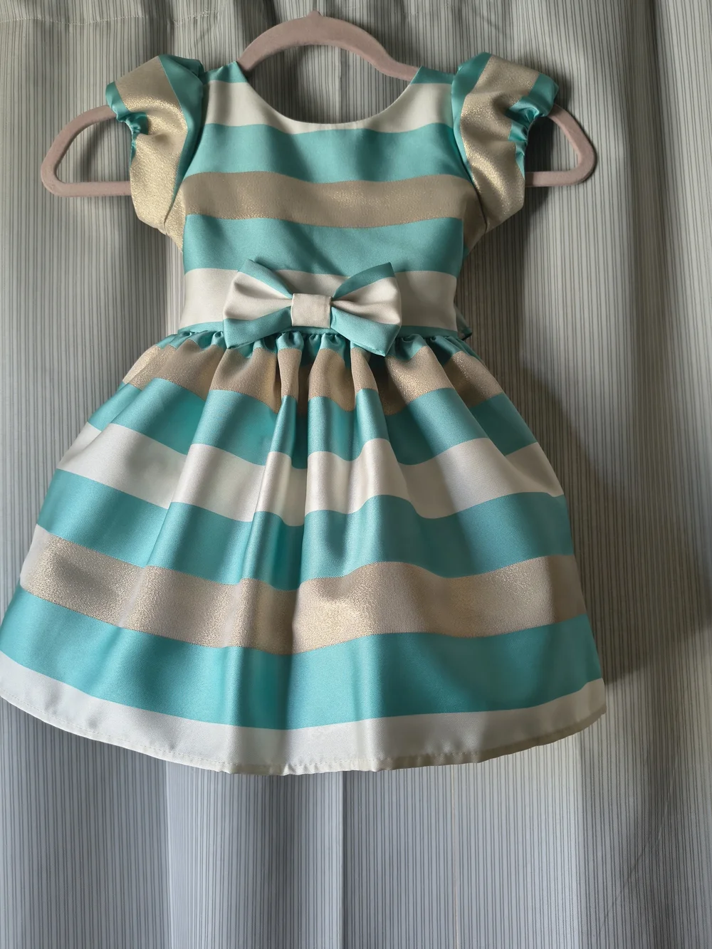 Girls Teal and Cream Striped Party Dress with Bow Size 3