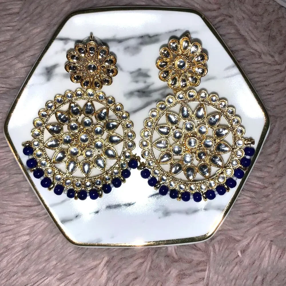 NEW Aheli Gold & Blue Ethnic Indian Traditional Fashion Jewelry Dangle Earrings