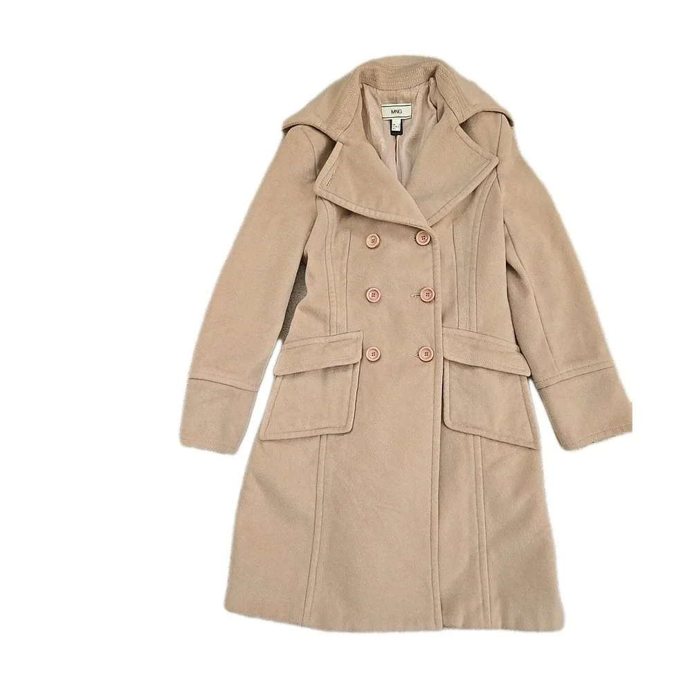 Mango MNG Beige Wool Blend Long Sleeve Double Breasted Trench Coat‎ Jacket S