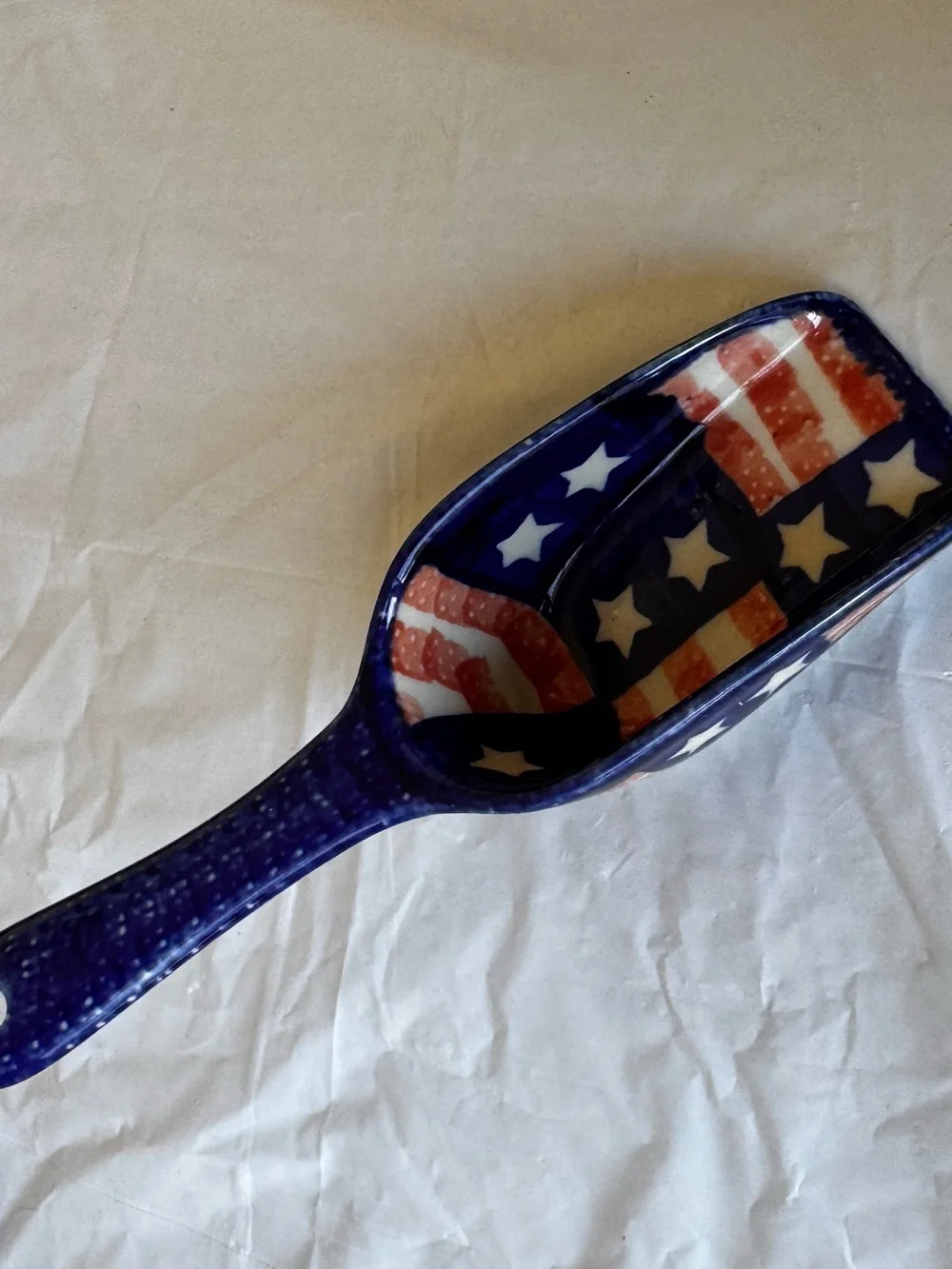 Polish Pottery Blue Ceramic Scoop with Star & Stripe Pattern