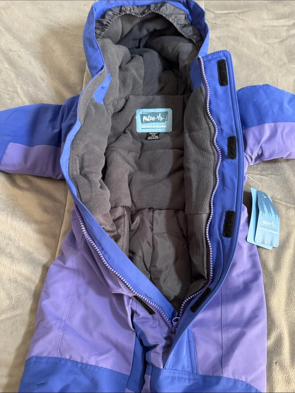 NWT Pulse kids unisex Purple and Royal Blue Kids Hooded Winter Snowsuit Sz 12 M
