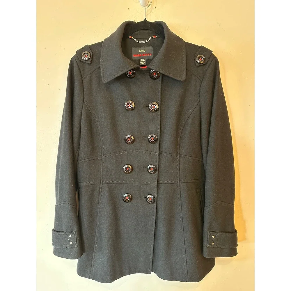 Vintage Miss Sixty M60 Black Wool Blend Peacoat Red Satin Lining Gothic Y2K XL