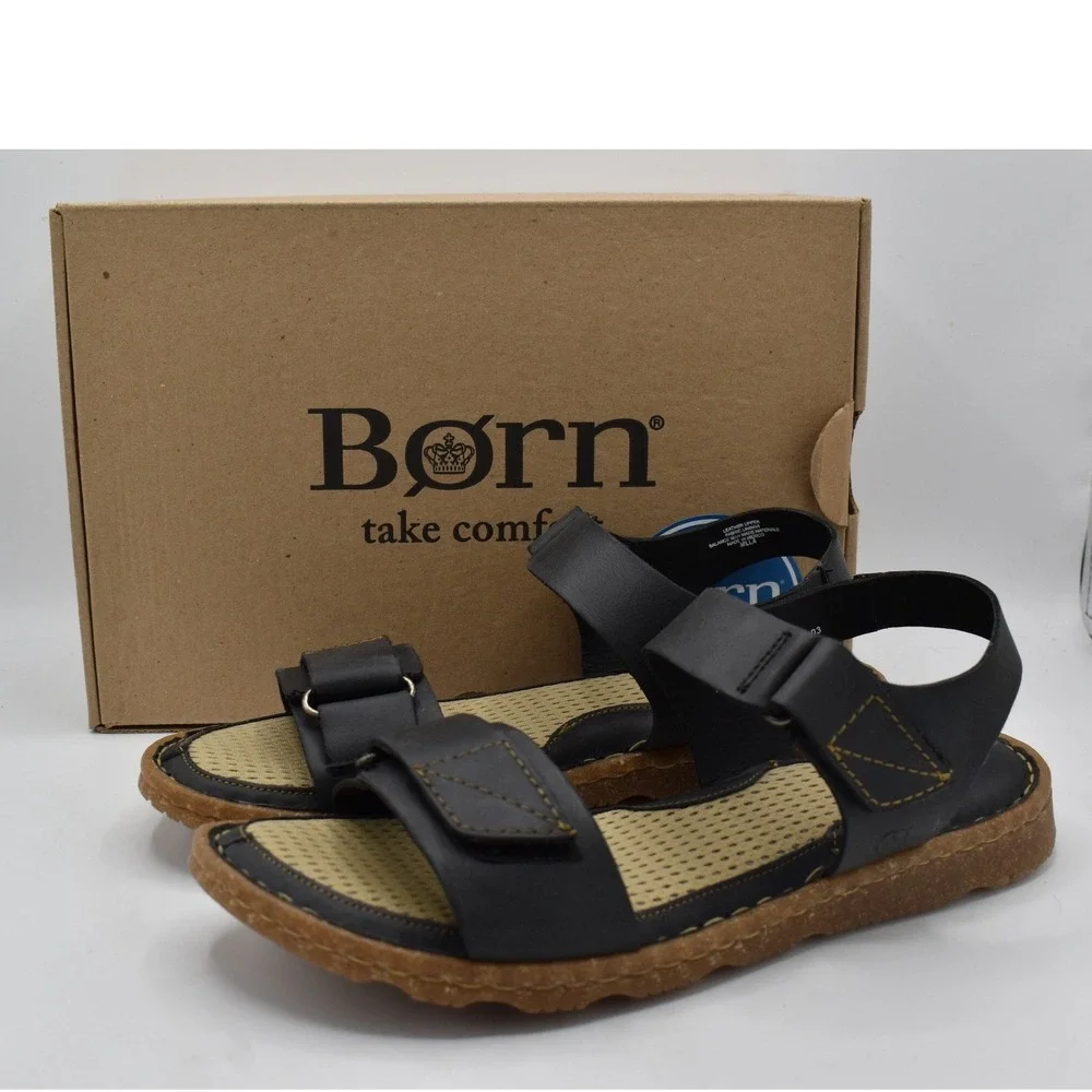 Born Womens Size 10 Tabra Black Full Grain Leather Strappy Flats Sandals Shoes