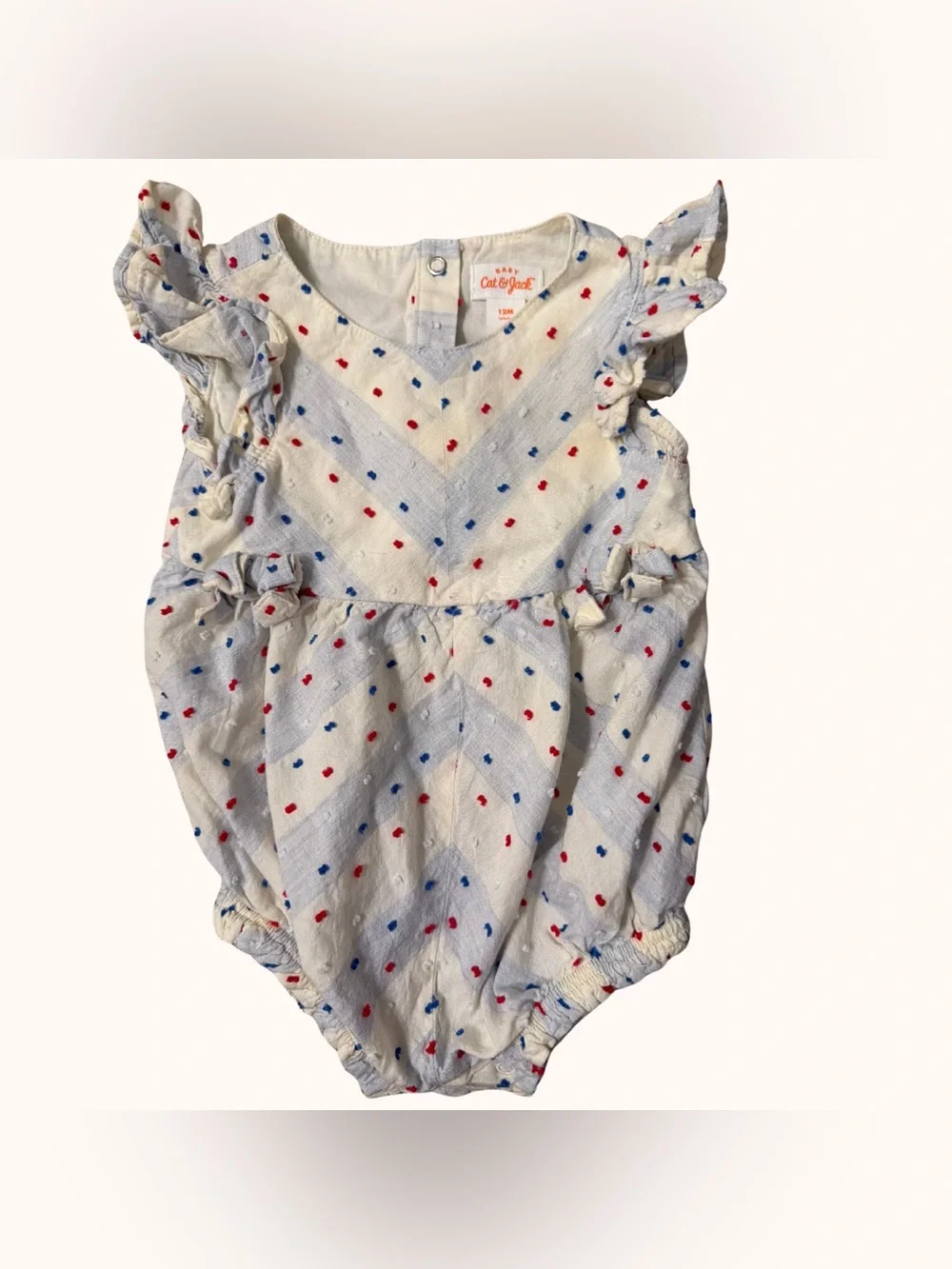 Cat & Jack White Baby Girls Heart Dot Ruffle Romper - Red & Blue