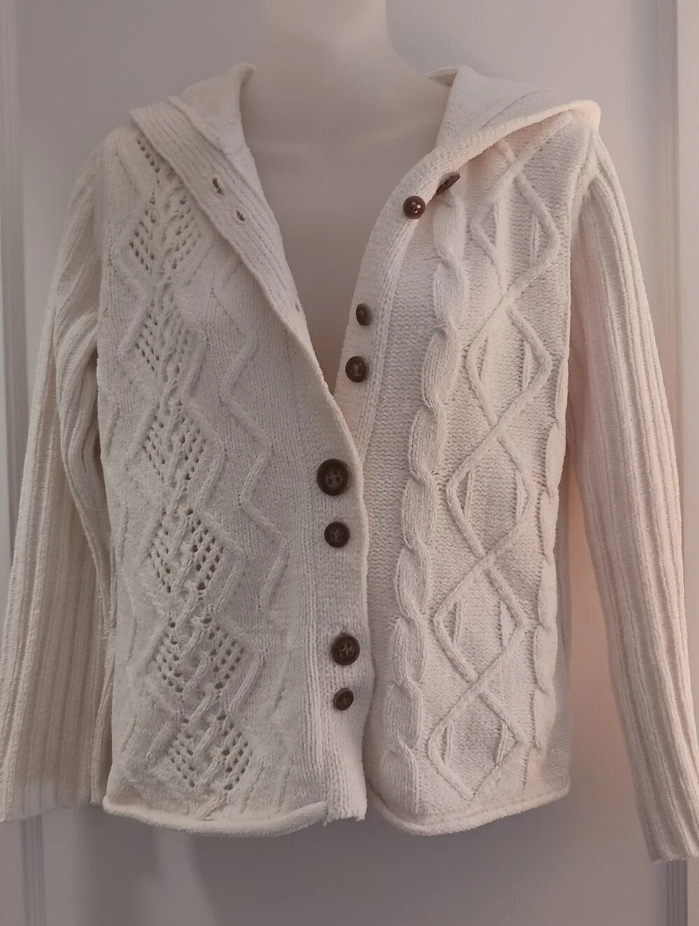 J. Jill Cream Cable Knit Hooded Button Cardigan