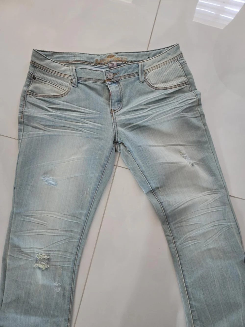 Light Wash Women's Jeans with Navy Crochet Hem