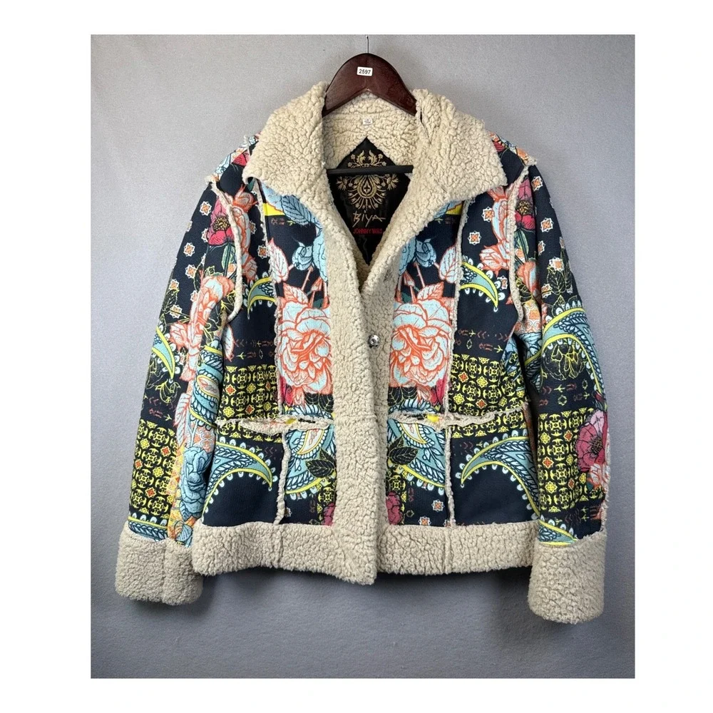Johnny Was Biya Jacket Women S Multi Floral Sherpa Lined Boho Luxury Chic Preppy