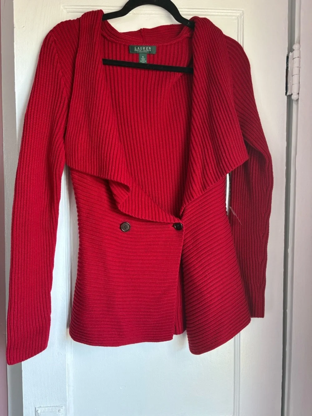 NWT Lauren Ralph Lauren Red Ribbed Cotton Cardigan Petite Large Button Front