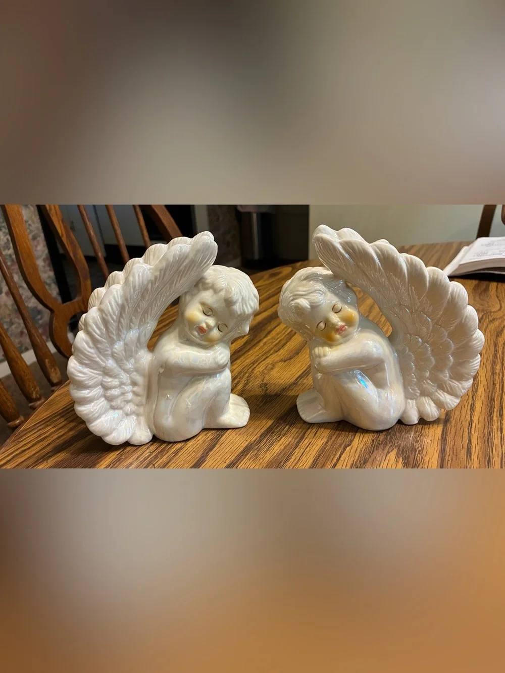 Pearlescent White Angel Figurine Pair - Decorative Home Accent