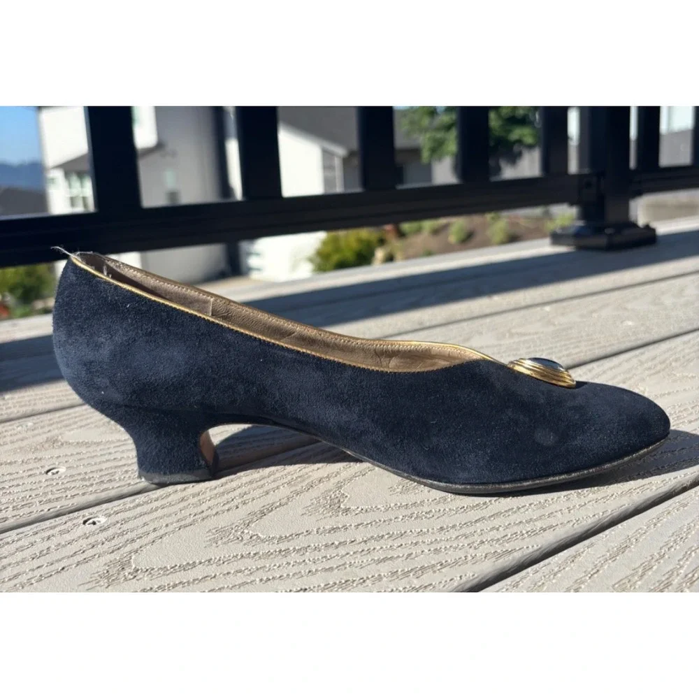 Salvatore Ferragamo Navy Suede Low Heel Pumps with Gold Accent