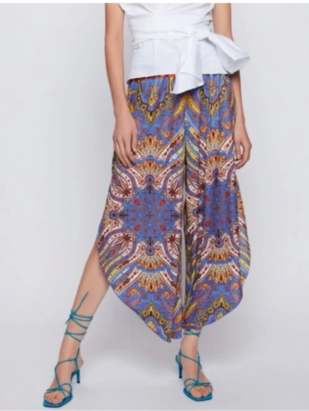 Zara Women’s Blue Multicolor Paisley Wide-Leg Palazzo Scarf Pants Small