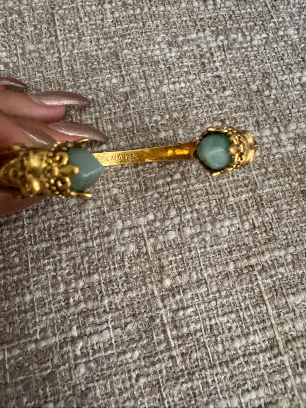 Authentic Alexander McQueen Gold Cuff with Sage-Green Stones