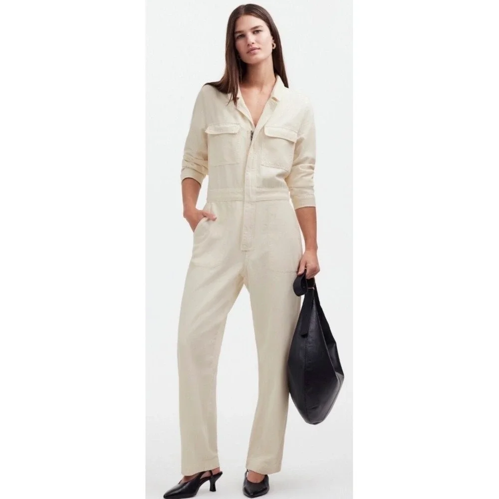 Madewell Women Cream Denim Long Sleeve Zip Front‎ Coverall Jumpsuit NS182 XSP