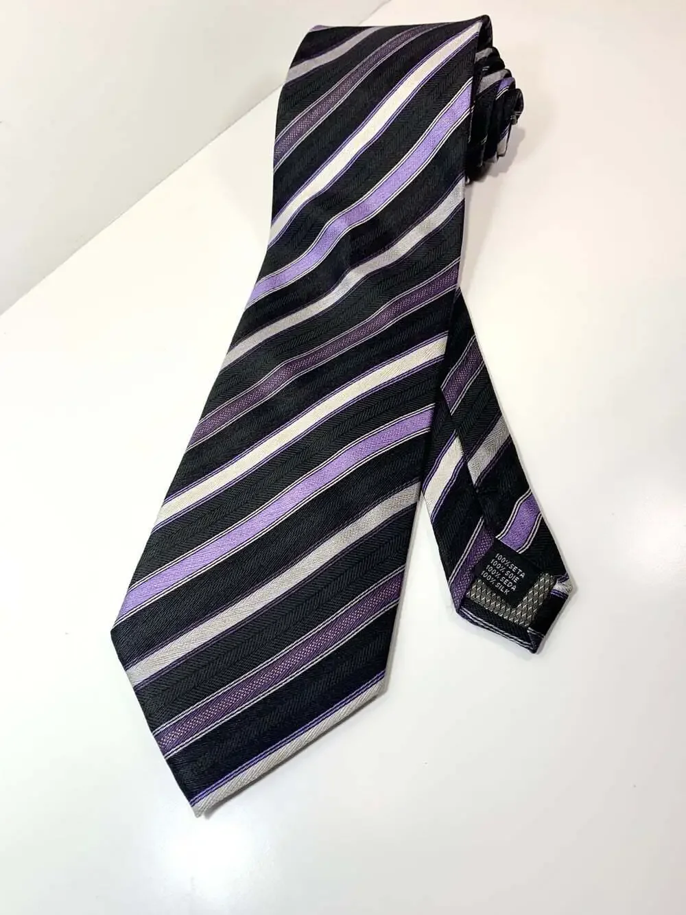 Rep Tie silk Alexander Julian black purple silver men’s neck tie