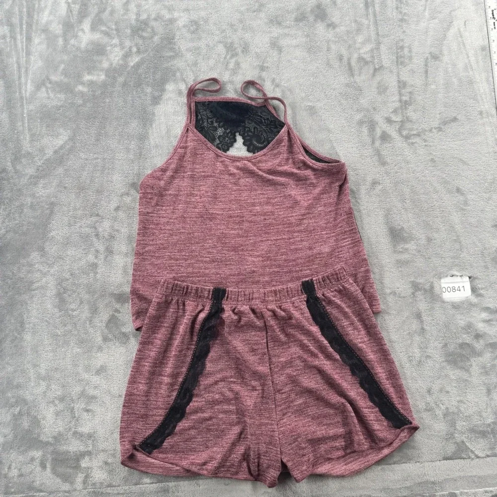 CUPSHE Pajama Set Womens Medium Burgundy Lace Back‎ Cami and Shorts 2pc Lounge
