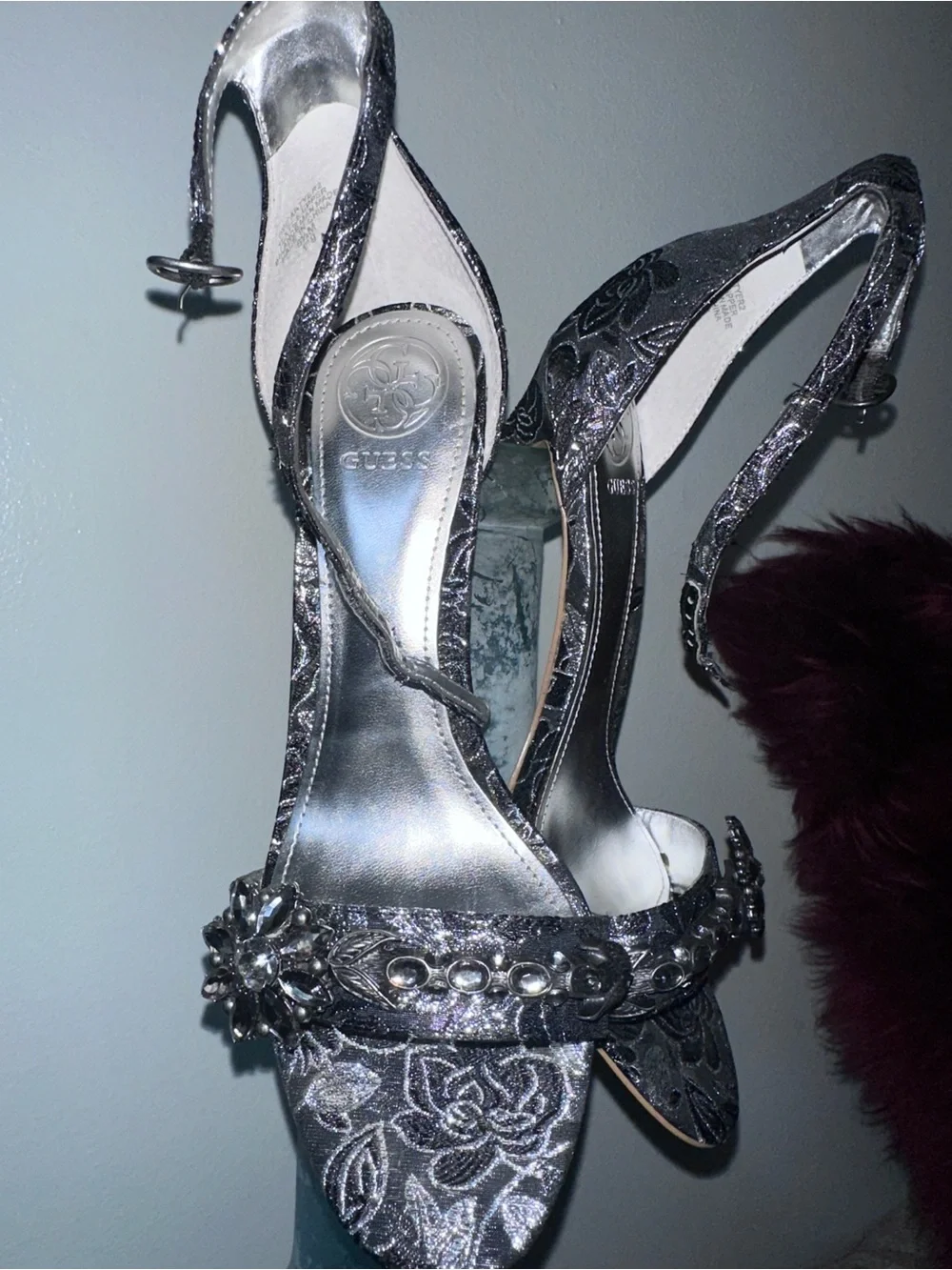 GUESS Metallic Silver Floral Crystal Slingback Heels