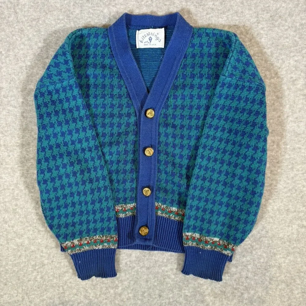 Vintage Kitestrings Knit Cardigan Sweater Blue Houndstooth Gold Buttons Youth 8