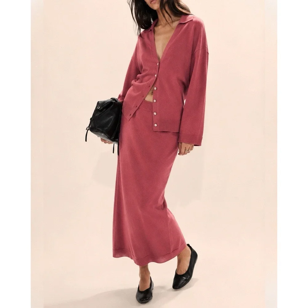 NWT Free People Gwenna Sweater Set XS Cardigan Maxi Skirt 2 Piece Red Cognac