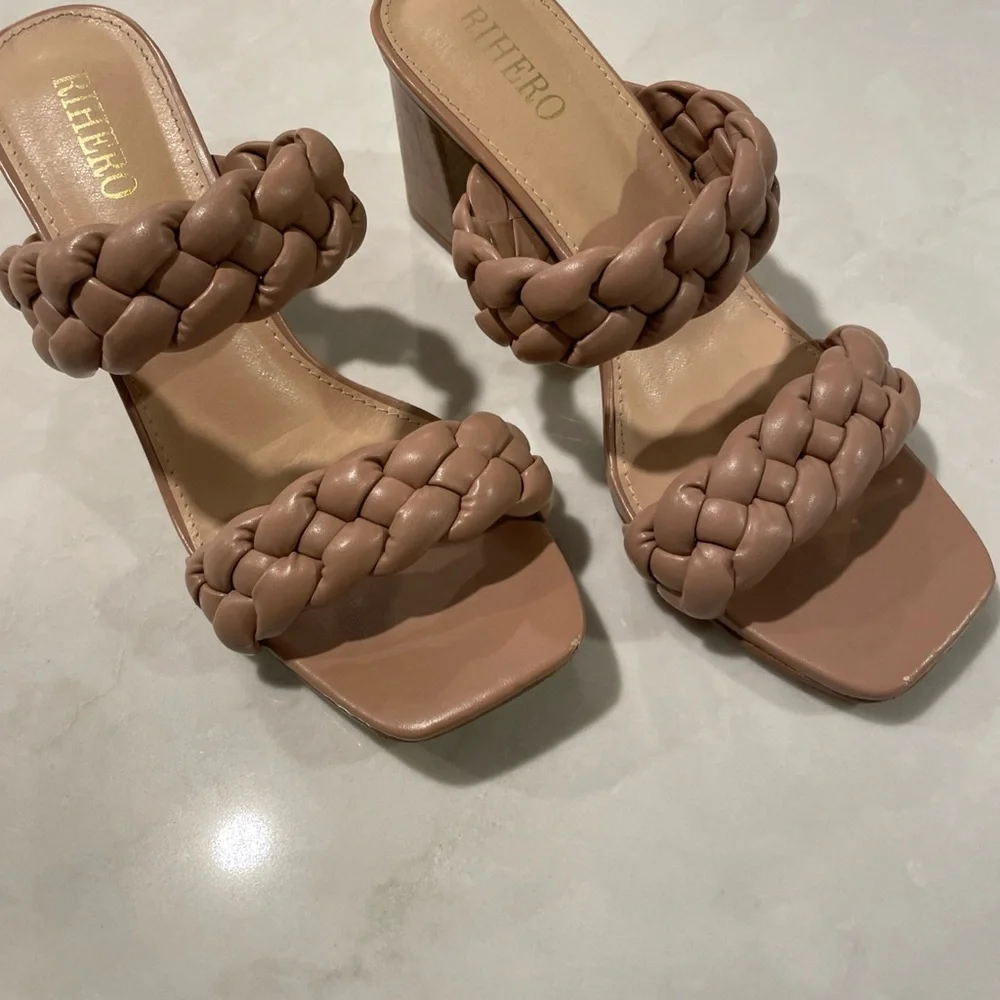 Women’s Braided Strap Slip On Block High Heel Sandals.  Square Open Toe …