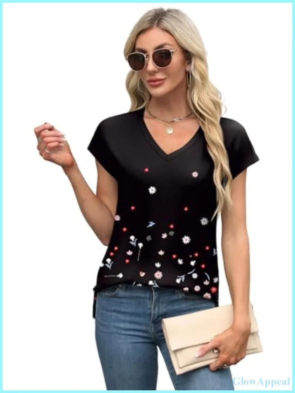 Womens V Neck Cap Sleeve Loose Fit Tee Shirt Eyelet Printed Summer Top