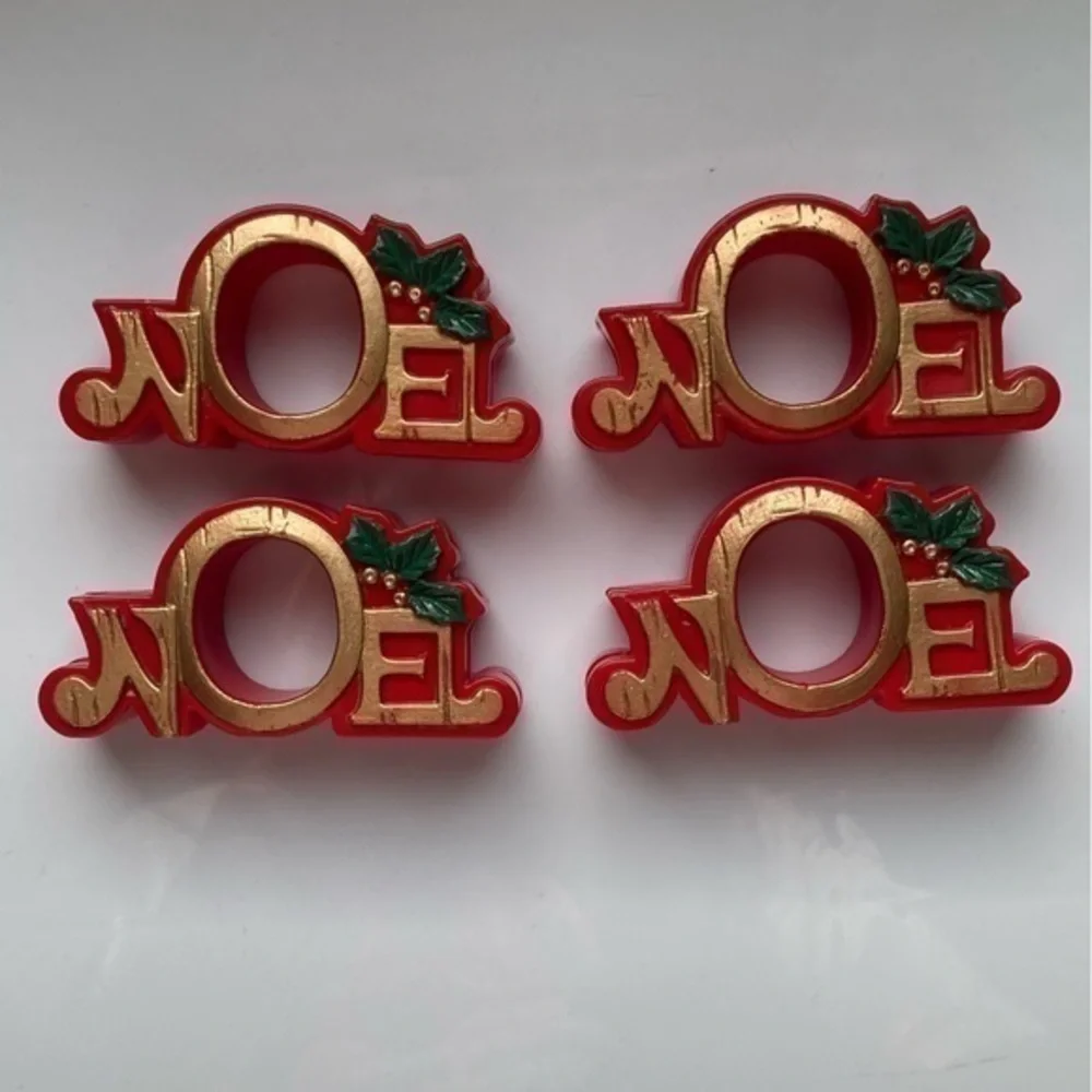Crate&Barrel Holiday Red Green Gold Plastic Resin Noel Joy Napkin Rings Set of 4