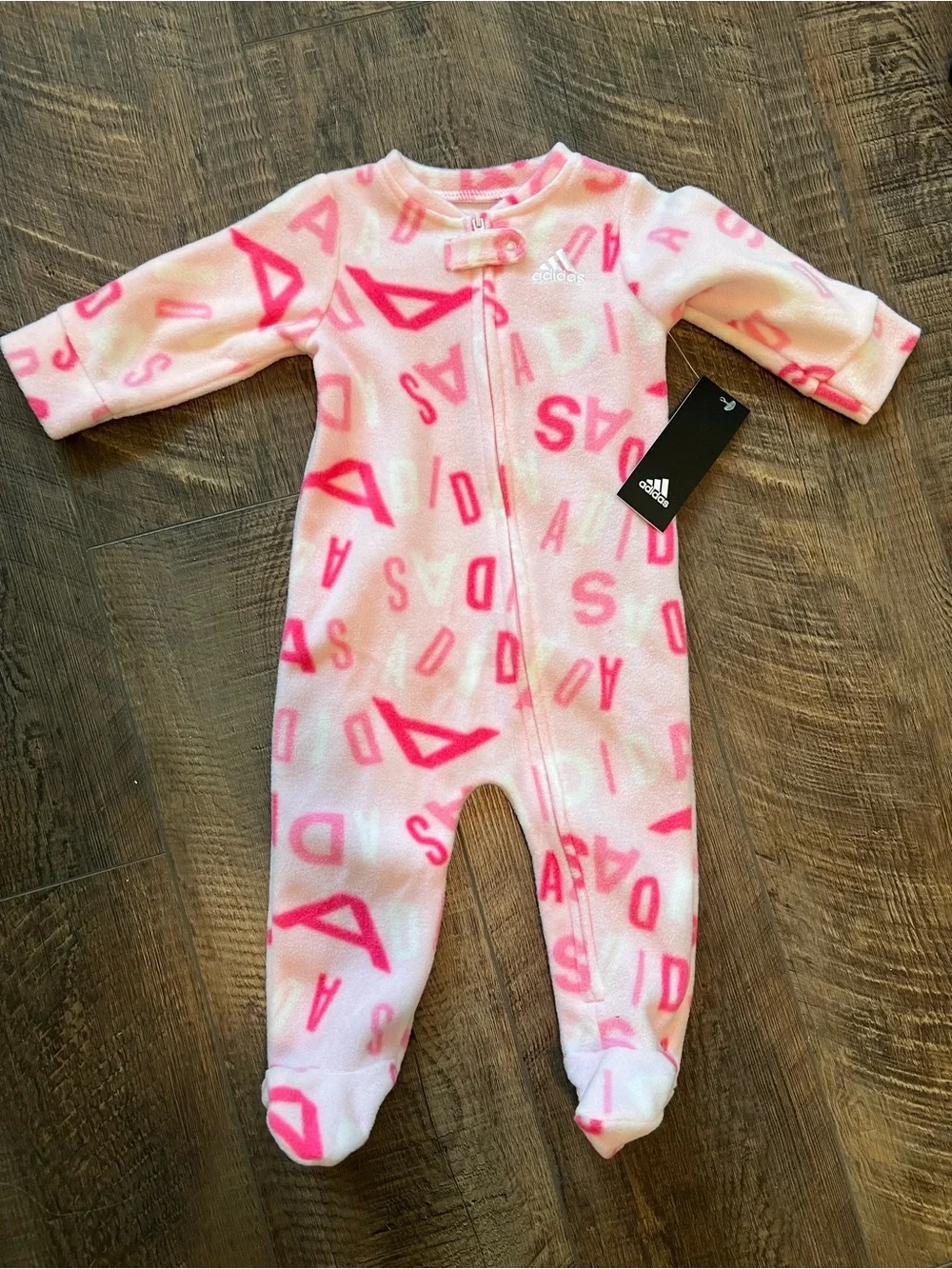 adidas Pink Fleece Footed One-Piece with Logo Print