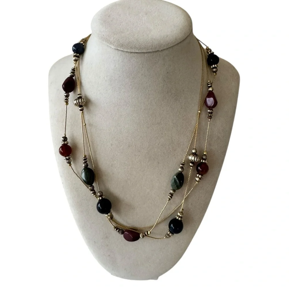 Women's Red Green Blue Beaded Gold Tone Necklace 2 Layer Y2K Boho Festival Party
